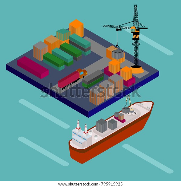 Warehouse port vector. Isometric\
projection. Ships with containers on the berth at the port, cranes,\
workers. cars, hangars ashore. Transatlantic carriage.\
