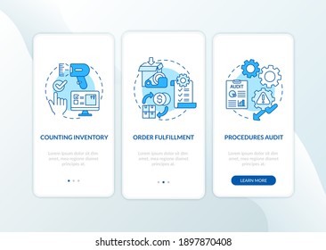 Warehouse procedures blue onboarding mobile app page screen with concepts. Storehouse organization walkthrough 5 steps graphic instructions. UI vector template with RGB color illustrations
