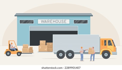 Warehouse process concept. Men with box next to truck and warehouse. Logistics and transportation, delivery and shipping. Forklift driver and worker with parcels. Cartoon flat vector illustration