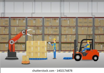 Lager in Bearbeitung mit Arbeiter und Roboterarm arbeiten flache Vektorillustration Illustration