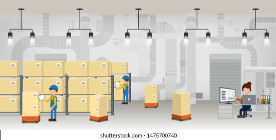 Warehouse in process with workers working flat design vector illustration