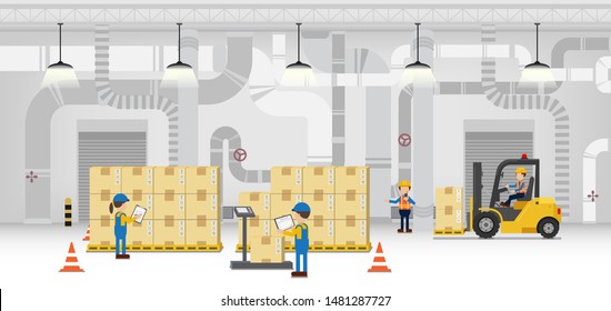 Warehouse in process with workers working flat design vector illustration