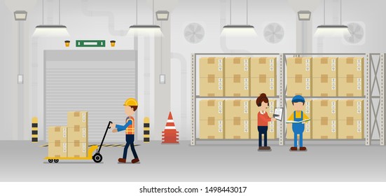 Warehouse in process with workers working flat design vector illustration