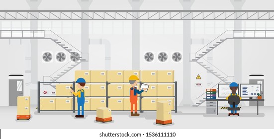 Warehouse in process with workers working flat design vector illustration