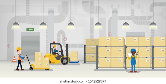 Warehouse in process with workers working flat design vector illustration