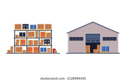 Warehouse and Rack with Crate and Box as Freight Delivering Service Vector Set