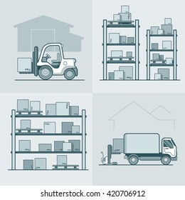 Warehouse rack shelving loader box loading van set. Storage business concept. Linear stroke outline flat style vector icons. Monochrome icon collection.