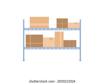 Almacén en rack para artículos de almacenamiento en paquetes y cajas de contenedores. Almacenar repisa con carga en almacén logístico. Ilustración vectorial de caricatura plana aislada en blanco.