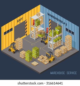 Warehouse racking and forklift and load. The sorting process technology goods. Warehouses several compartments.