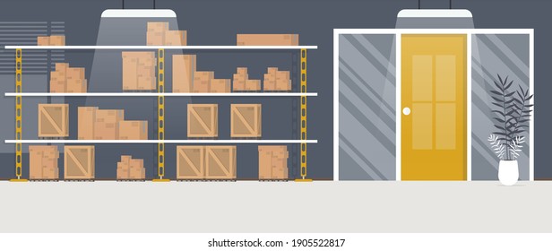 Warehouse with racks and boxes. Large warehouse. Cartoon style. Vector illustration.