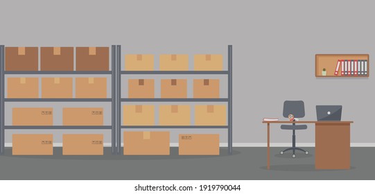 Warehouse: racks with boxes and workplace of warehouse manager, storekeeper or warehouse worker.Tape dispenser on desk with laptop, shelf with folders and cactus.Cozy place of work.Vector illustration