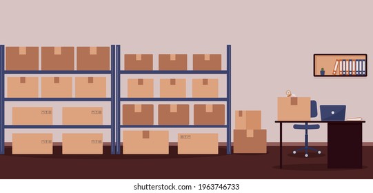 Warehouse: racks with boxes and workplace of warehouse manager, storekeeper or warehouse worker.Tape dispenser on desk with laptop, shelf with folders and cactus.Cozy place of work.Vector illustration