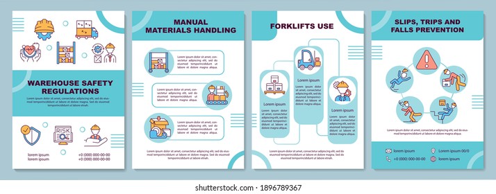 Warehouse regulation brochure template. Slips, trips, falls precaution. Flyer, booklet, leaflet print, cover design with linear icons. Vector layouts for magazines, annual reports, advertising posters