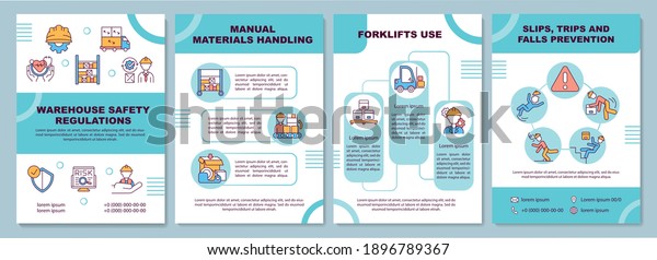 Warehouse regulation brochure template. Slips,\
trips, falls precaution. Flyer, booklet, leaflet print, cover\
design with linear icons. Vector layouts for magazines, annual\
reports, advertising\
posters