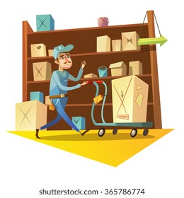 Warehouse retro concept with worker with trolley and shelves on background vector illustration