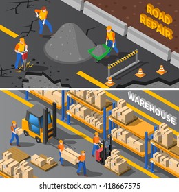 Warehouse And Road Repair Workers Isometric Horizontal Banner Set Isolated Vector Illustration