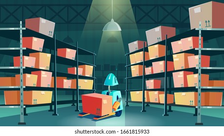Warehouse robot with cardboard box. Vector cartoon interior of robotic storehouse with goods, cargo and parcels on metal racks. Automated loader machine in storage room
