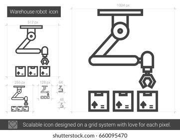 Warehouse robot vector line icon isolated on white background. Warehouse robot line icon for infographic, website or app. Scalable icon designed on a grid system.