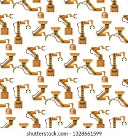 Warehouse Robotic Crane Device Seamless Pattern. Brown Metal Factory Robot Claw Set. Storage Packing Item Collection. Automatic Boxing Equipment Wallpaper. Flat Cartoon Vector Illustration