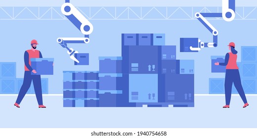 Warehouse with robotic technologies concept. Team of workers carry box, robots hands loading parcels. Automated storage system and storage operators. Stock taking job. Vector character illustration