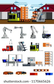 Warehouse robots flat icons with automated loaders mechanical arms and equipment for bar coding isolated vector illustration 