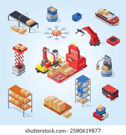 warehouse robots icon set inventory iot digital