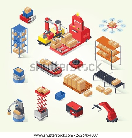 Warehouse Robots Icon Set management stock goods artificial intelligence computer application engineering arm supply chain production commercial autonomous 3d monitoring shipment storehouse 