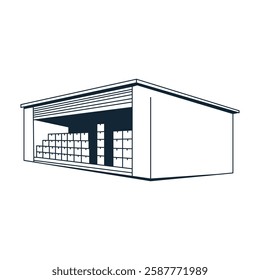 A warehouse with a roll up door and numerous stacked boxes inside