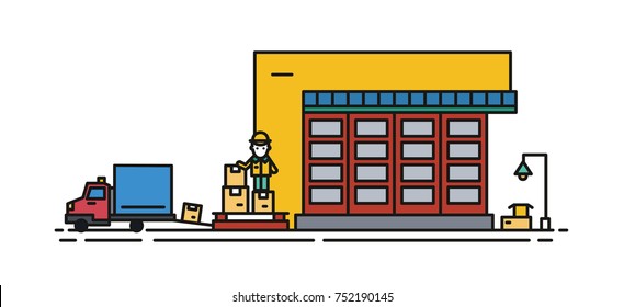 Warehouse with roller shutter and worker in hard hat loading cargo boxes into truck. Commercial building for storage of goods isolated on white background. Vector illustration in lineart style.