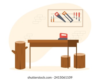 Warehouse room for working with tools, making furniture from wood. Character design. Vector flat illustration