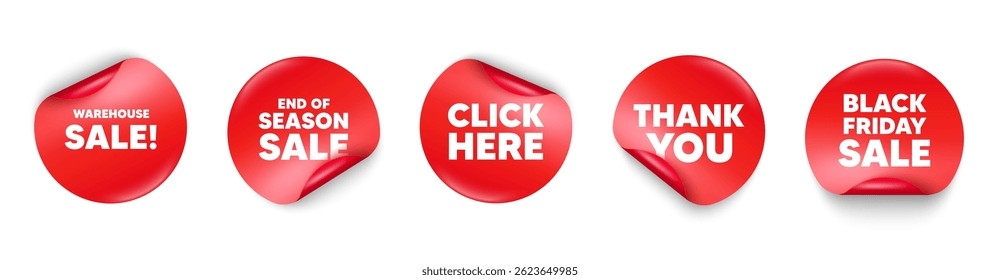 Warehouse sale sticker tag. Season sale, Black friday paper price banners. Warehouse sale tag. Special offer price sign. Advertising discounts symbol. Thank you sticker. Vector
