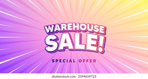 Warehouse sale sun rays gradient banner. Light burst background. Warehouse sale tag. Special offer price sign. Advertising discounts symbol. Gradient sun rays. Sunburst light. Vector