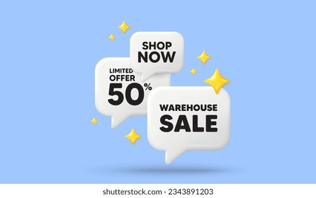 Warehouse sale tag. 3d offer chat speech bubbles. Special offer price sign. Advertising discounts symbol. Warehouse sale speech bubble 3d message. Talk box stars banner. Vector