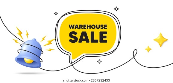 Warehouse sale tag. Continuous line art banner. Special offer price sign. Advertising discounts symbol. Warehouse sale speech bubble background. Wrapped 3d bell icon. Vector