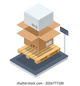 Warehouse scale with parcel. Scales for weighing heavy objects and goods. Box and cargo, package and freight, parcel and product, load packaging, order and import, logistic.