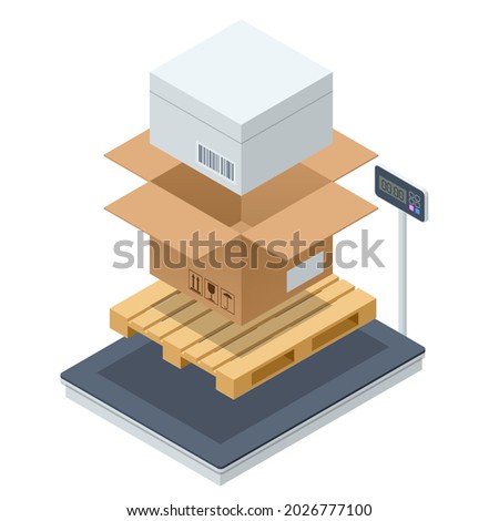 Warehouse scale with parcel. Scales for weighing heavy objects and goods. Box and cargo, package and freight, parcel and product, load packaging, order and import, logistic.
