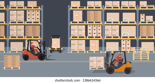 Warehouse scene. Storehouse and forklifts. Racks with boxes and containers. Logistic process. Industrial view. Vector illustration