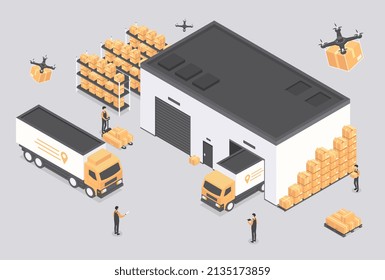 Warehouse service concept. Workers load trucks with boxes, trade and logistics. Transportation of goods to specified address, home delivery and online shopping. Cartoon isometric vector illustration