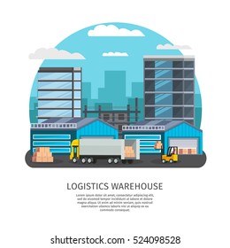 Warehouse service design with storage buildings and equipment cargo and truck on city background vector illustration