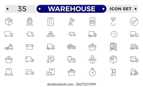 Warehouse service outline icon set. Containing order tracking, delivery home, delivery , truck, scooter, courier and cargo icons. Shipping symbol. 
