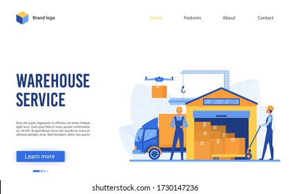 Warehouse service vector illustration. Cartoon flat website interface design for warehousing business delivery company with worker characters packaging containers on truck in storehouse, loading boxes