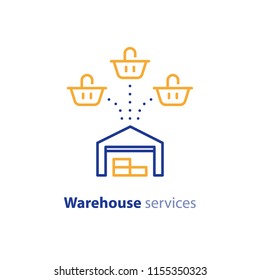 Serviços de depósito, conceito de centro de distribuição, várias ordens de compra combinadas em uma caixa para envio, ícone de linha de vetor