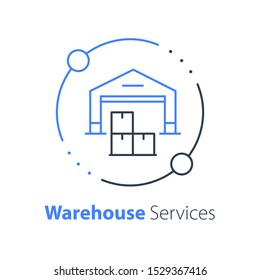 Warehouse Services, Distribution Center, Wholesale Concept, Supply Chain, Cargo Transportation, Vector Thin Line Icon