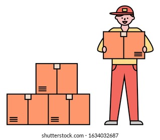 Warehouse with set of carton boxes with orders of clients of shop. Courier delivery and shipment of items in containers. Person with cargo working in logistics. Line art characters, vector in flat