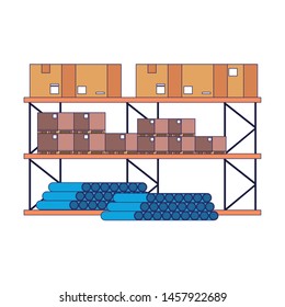 Warehouse shelf with boxes pvc pipes and merchandise vector illustration