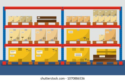 Warehouse shelves with boxes, Storage equipment icon with flat design, Vector illustration EPS10.