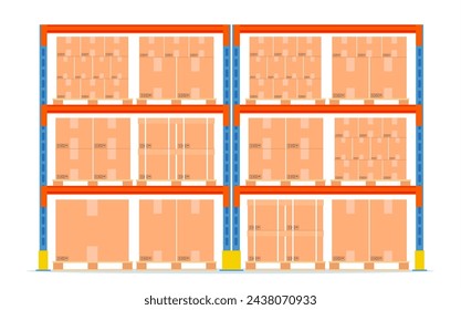 Warehouse shelves with boxes. Storage equipment icon isolated on white. Goods and container package. Vector illustration in flat style