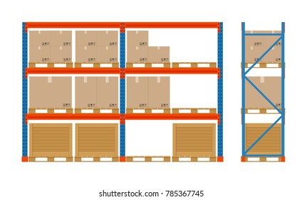 Warehouse shelves with boxes. Storage equipment icon. Side view. Vector isolated on white. Storage equipment icon set.