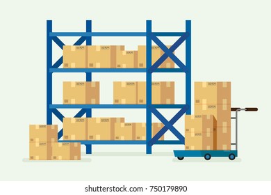 Warehouse shelves and cardboard boxes. illustration vector