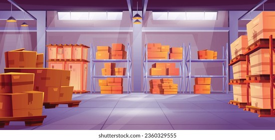 Warehouse shelves with cardboard and wooden boxes. Vector cartoon illustration of factory, delivery company, supermarket storehouse interior, packages with goods in large room with lamps on ceiling